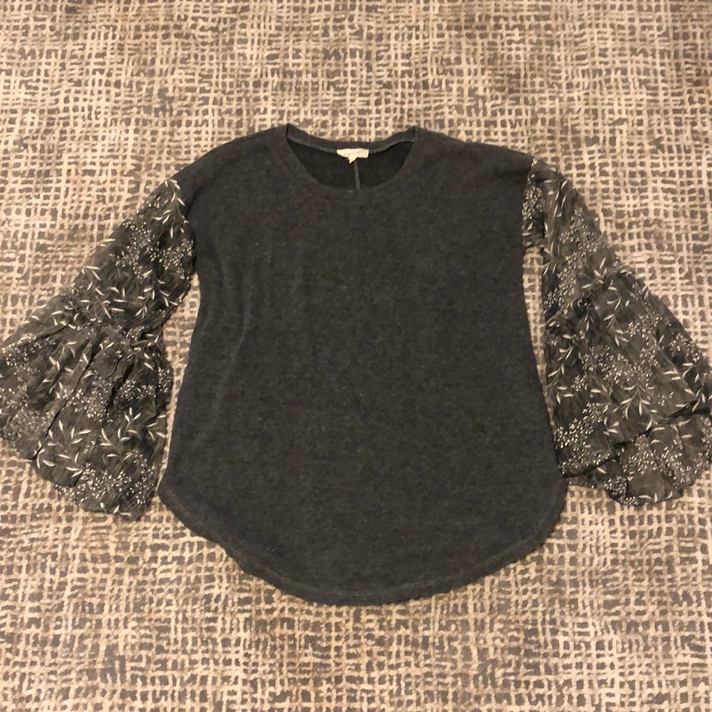 Scoop neck sweater with sheer sleeves